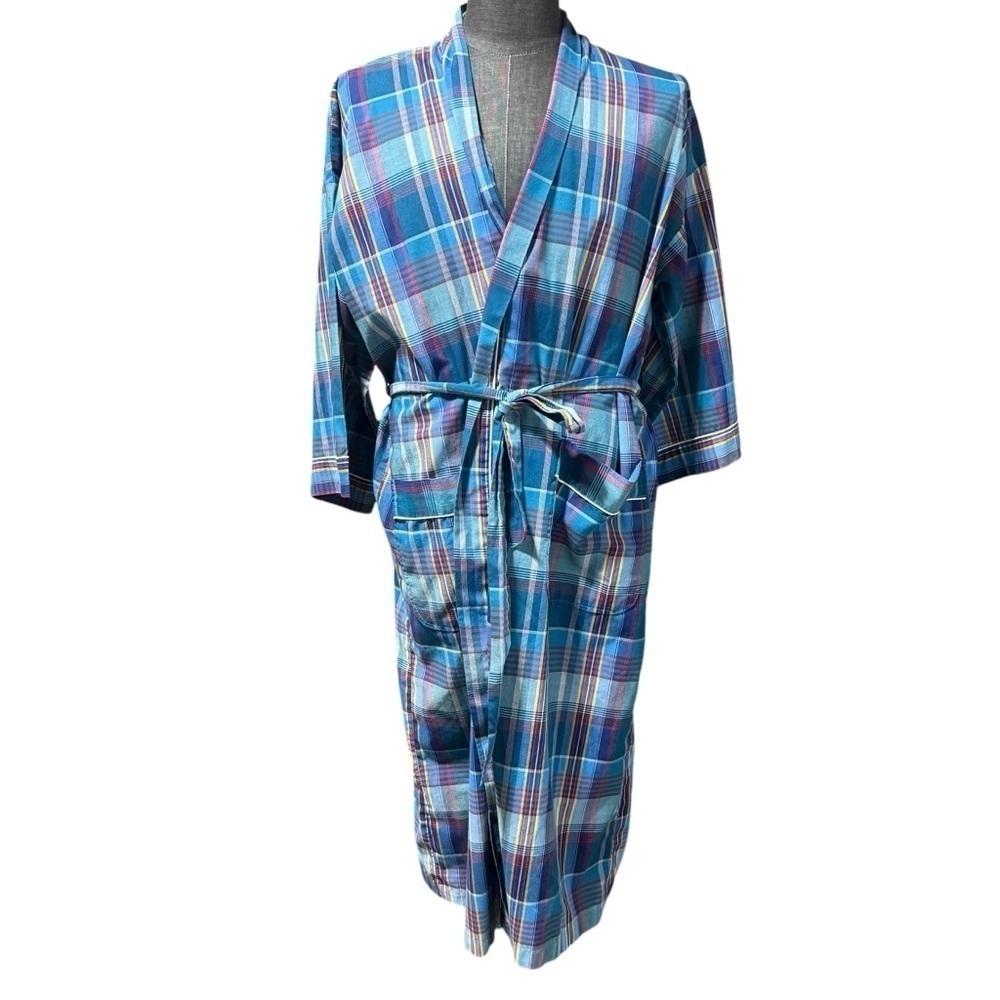 Bill Blass Menswear Vintage Lightweight Plaid Robe OS Luxury Blue Teal Retro Y2K